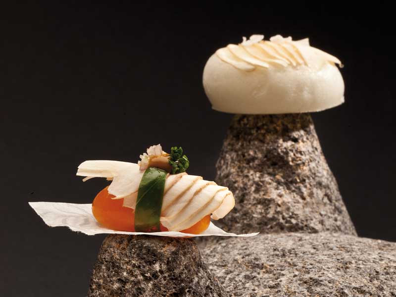 St. George’s mushroom nigiri with meringue/with egg yolk.