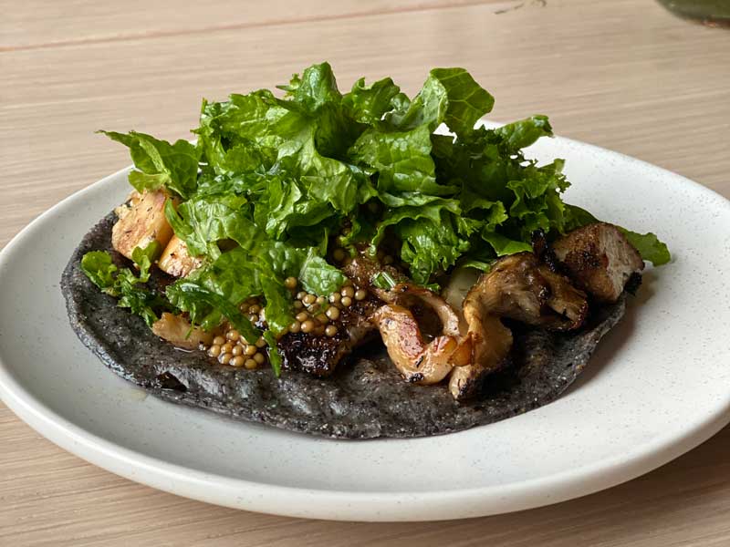 Mushroom Taco at Owamni, made with grilled forest mushrooms, pickled mustard seed & mustard greens, on a nixtamalized heirloom blue corn tortilla.