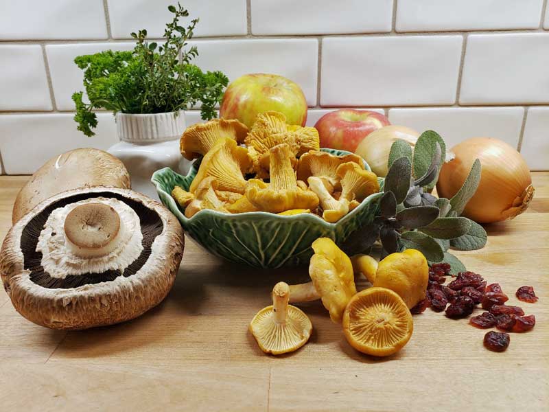 Ingredients for Chanterelle mushroom stuffing with apples and cranberry