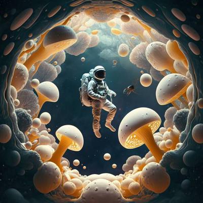 A fantasy image of mushrooms surrounding an astronaut.