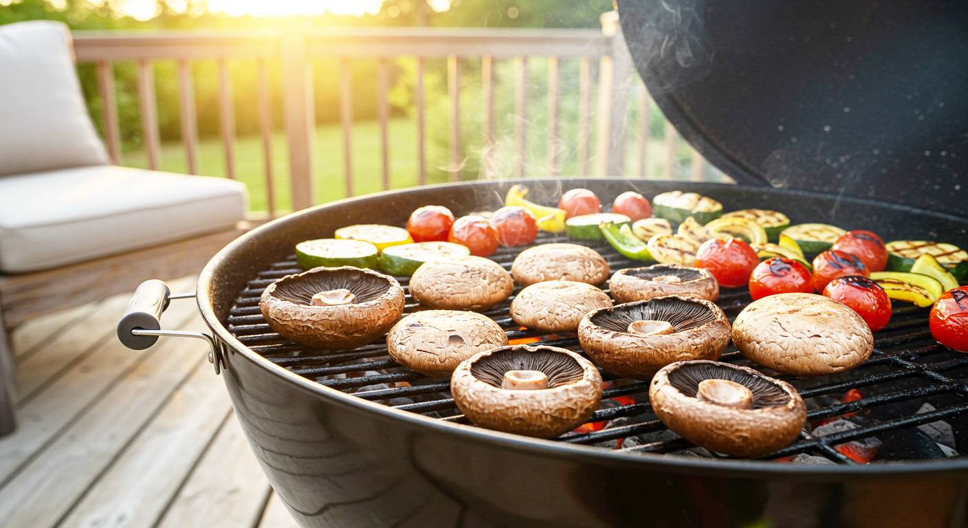 Mushrooms and vegetables on an outdoor grill Mushrooms and vegetables on an outdoor grill