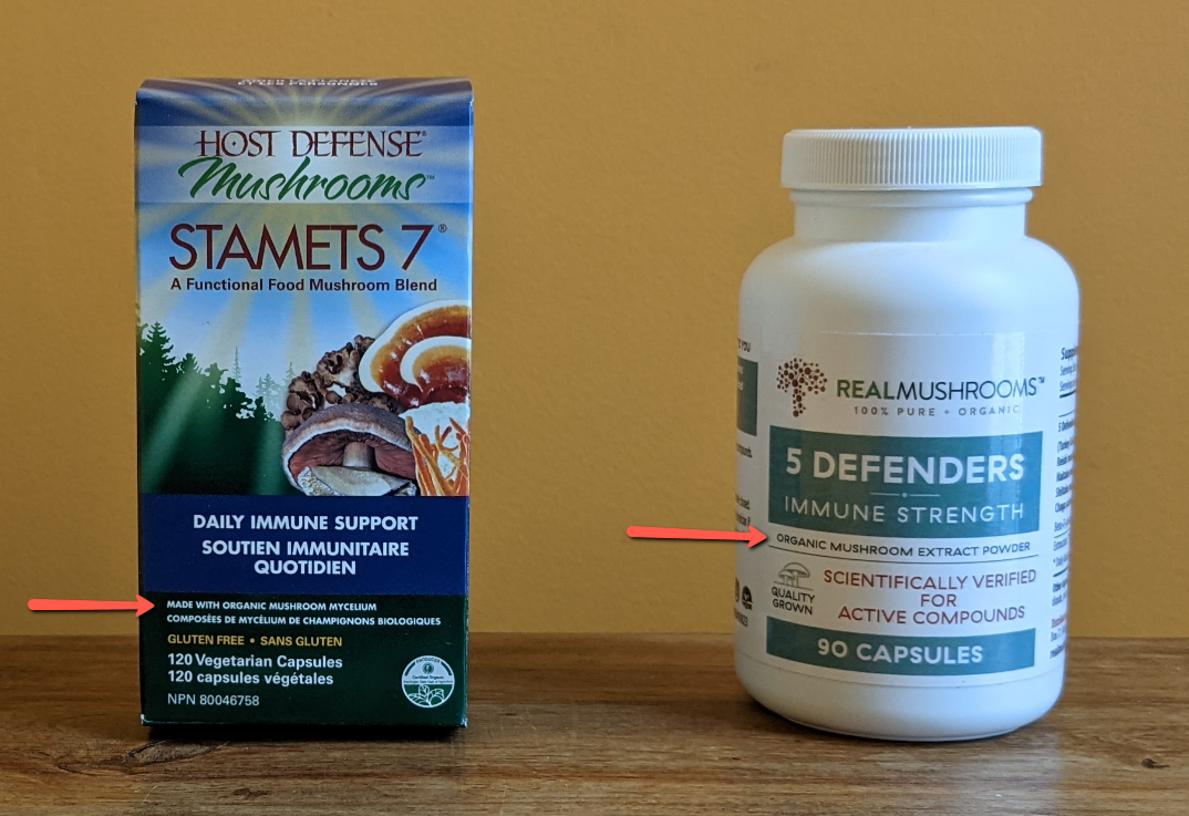 The product on the left is made with mycelium. The one on the right is made with mushrooms.